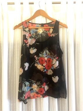 Forever 21 Black Floral Chiffon Camisole with Red and Blue Accents